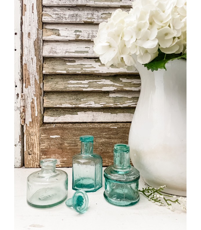 Set of Antique English Aqua Glass Ink Wells w/ Glass Toppers - Set of 3, Variety